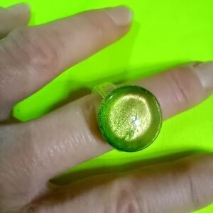 Clear green and gold glass ring size 9